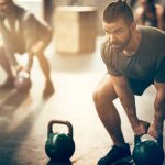 Man lifting kettlebell in a gym setting