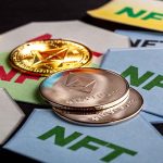 Ethereum coins on NFT cards background