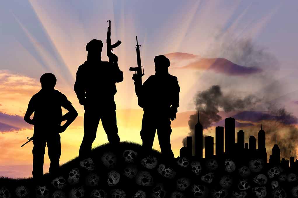 Silhouetted soldiers with rifles at sunset city background