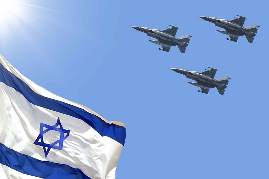 Israeli flag with three fighter jets in flight