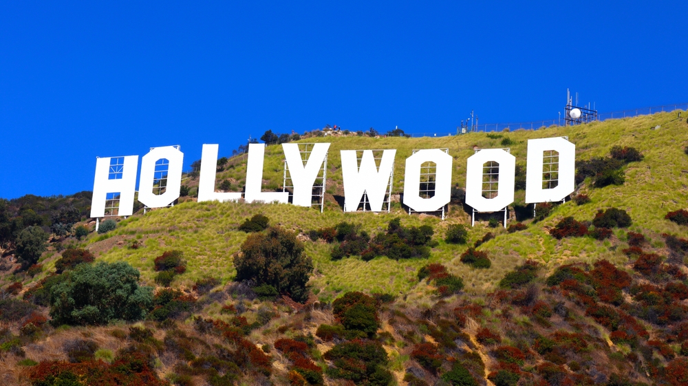 Hollywood sign on hillside with clear blue sky