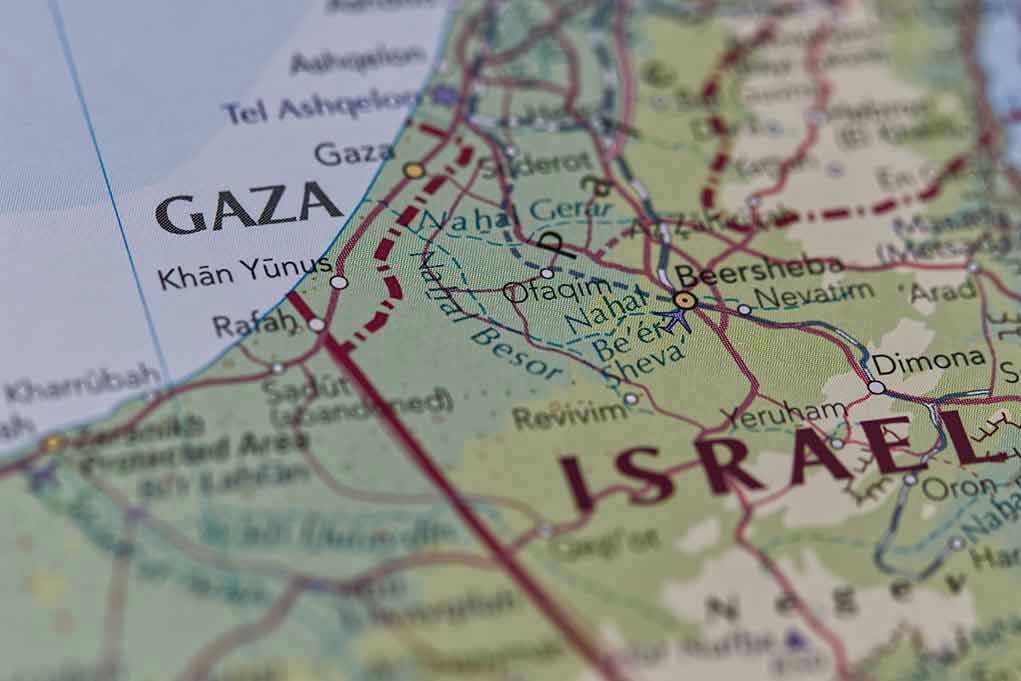 Map showing Gaza Strip and parts of Israel
