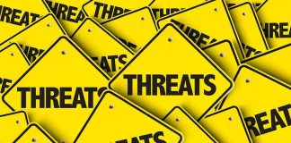 Yellow warning signs with the word THREATS.