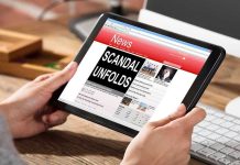 Unbelievable Twist in Former First Lady SAGA Person reading news headline Scandal Unfolds on tablet