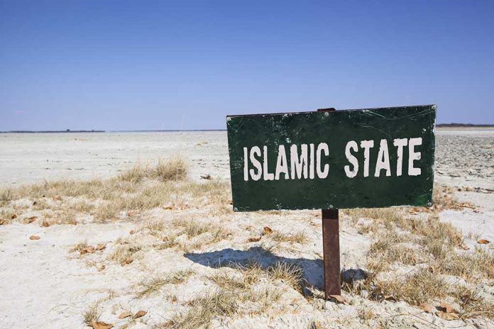 shutterstock_478781668.jpg A weathered sign reading 'ISLAMIC STATE' in a barren landscape