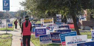 Person walking with stroller past numerous election campaign signs.