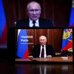 Man speaking on screen with Russian flag background.