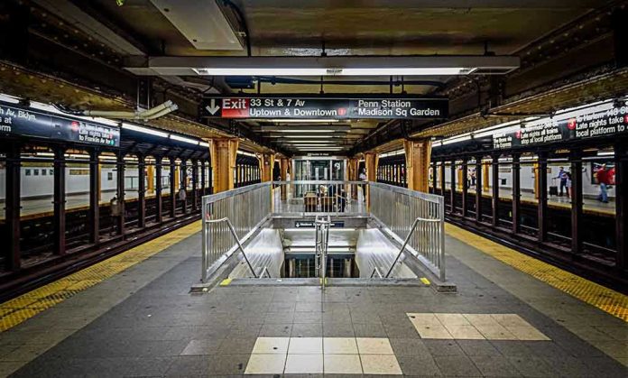 Subway station platform with directional signs overhead.