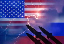 Russian Spy Ship Inches From Hawaii US Russia flags lightning silhouette missiles