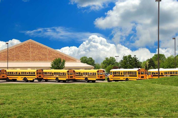shutterstock_12885175.jpg A row of yellow school buses parked in front of a school building under a cloudy sky