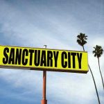 Sanctuary City sign with palm trees and sky.
