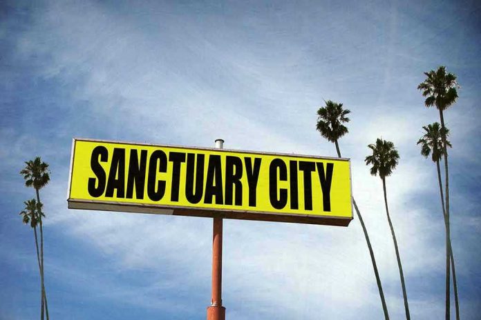 1021778260 Sanctuary City sign with palm trees and sky.