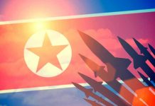 North Korean flag with missile silhouettes.