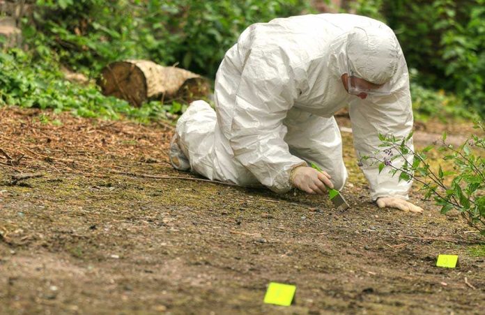 shutterstock_31561285.jpg Forensic investigator in a protective suit collecting evidence from the ground