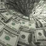Hundred-dollar bills swirling into a financial vortex.