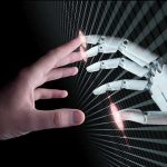 AI Tilts Toward Armageddon Human and robotic hand reaching out to touch.