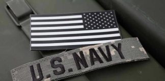 U.S. Navy patch with black-and-white American flag.