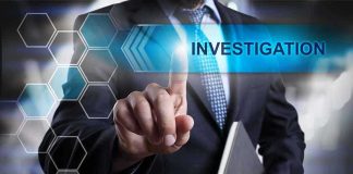 Man in suit pointing at Investigations text.