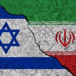 Israeli and Iranian flags divided by a cracked line.
