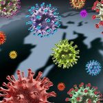 Colorful virus illustrations over a world map.