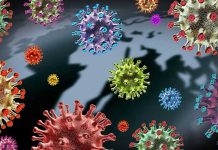 Colorful virus illustrations over a world map.