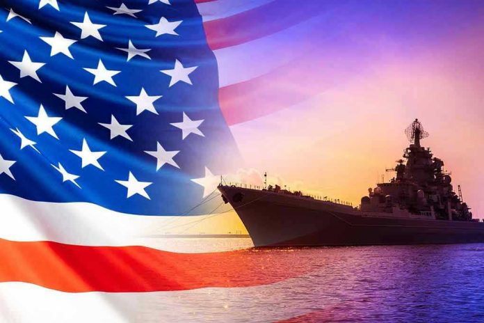 1709539462 American flag overlaying warship at sunset.