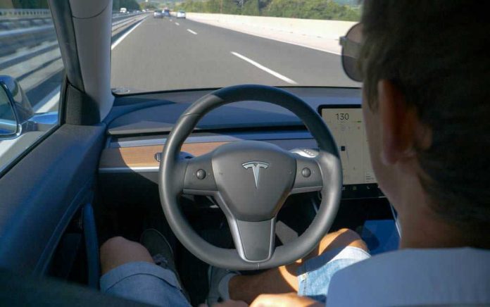 Man using autopilot mode in a Tesla car.