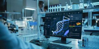 Scientist analyzing DNA on computer in laboratory