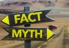 Directional signs labeled Fact and Myth in desert.