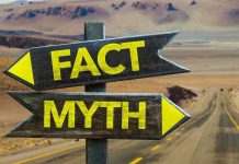 Directional signs labeled Fact and Myth in desert.