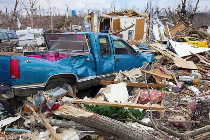 shutterstock_124544536 A blue truck surrounded by debris and destruction from a natural disaster