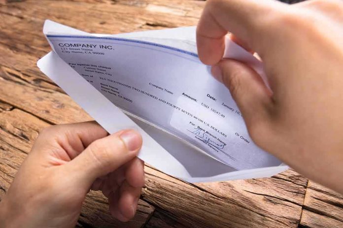 A hand holding an envelope containing a check on a wooden table