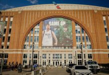 American Airlines Center exterior with sports banners displayed