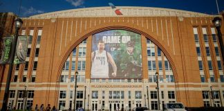 American Airlines Center exterior with sports banners displayed