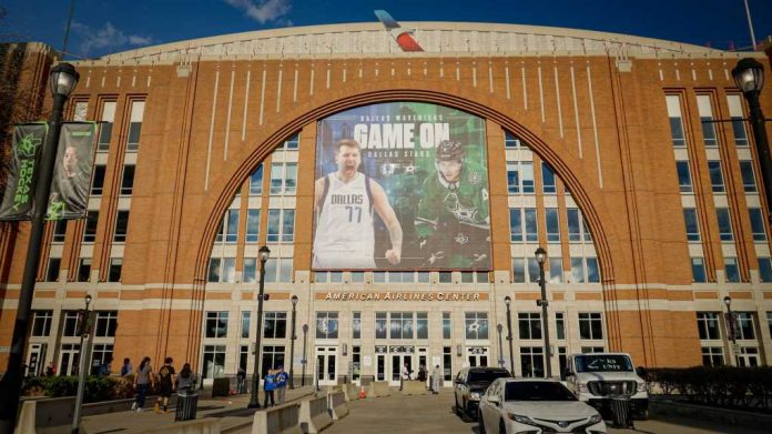 American Airlines Center exterior with sports banners displayed