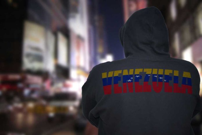 Person in hoodie with Venezuela text standing in a blurred city street