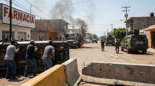 shutterstock_2743123677 Scene of urban conflict with military vehicles and overturned cars