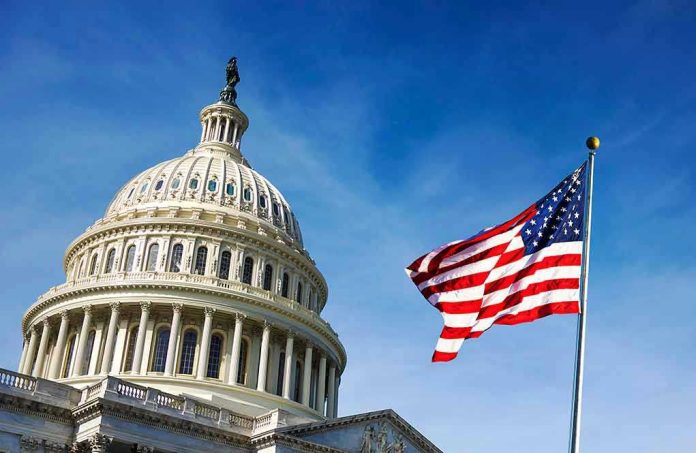 U.S. Capitol building with American flag in foreground.