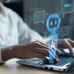 The White House Shut Down Powerful AI Person typing on laptop with AI chatbot graphic overlay