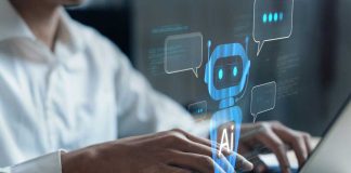 Person typing on laptop with AI chatbot graphic overlay
