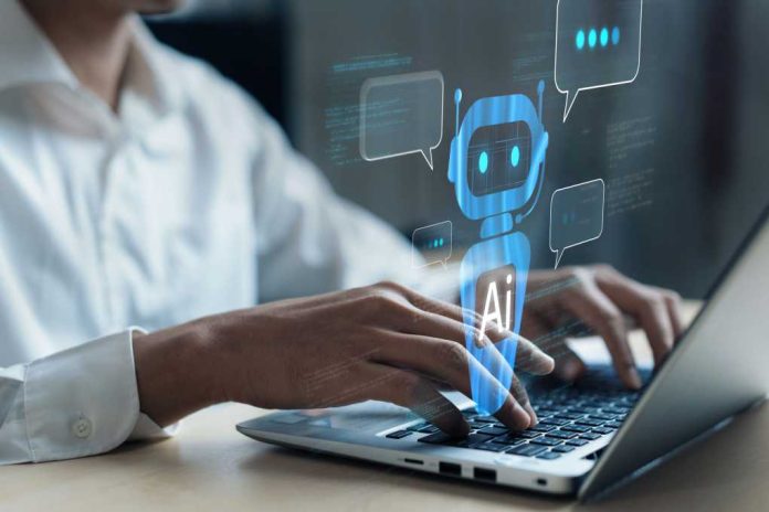 Person typing on laptop with AI chatbot graphic overlay