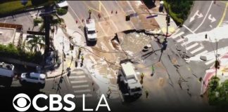 Massive Water Main Break Leaves West Hollywood Underwater LADWP crews work to drain water after trunk line break causes severe flooding