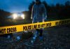 crime scene with yellow police line tape at night