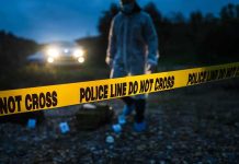 crime scene with yellow police line tape at night