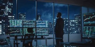 The Global AI Race Just Got More Competitive Trader in a dark office with multiple stock monitors and city skyline at night