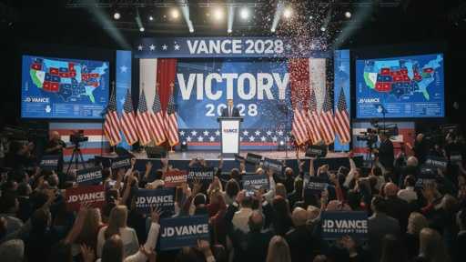 shutterstock_2717114363 A political rally celebrating a victory with supporters holding signs