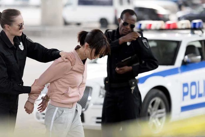 shutterstock_1090347437 Police officers detain a woman beside a patrol car