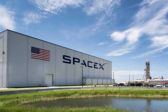 shutterstock_1113361880 SpaceX hangar beside launch pad under blue sky