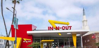 In-N-Out Burger restaurant exterior with red and yellow design