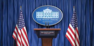 Iran Tells Trump: No Talks Until 2029 White House press podium with microphones and two American flags